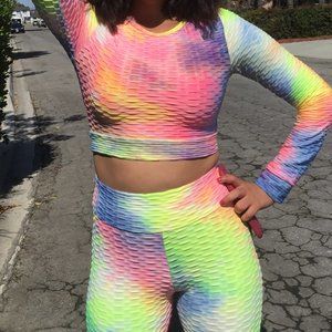 D"YUKI  Tie Dye Textured Set Leggings Crop Top Long Sleeve High Waist Gym L/XL